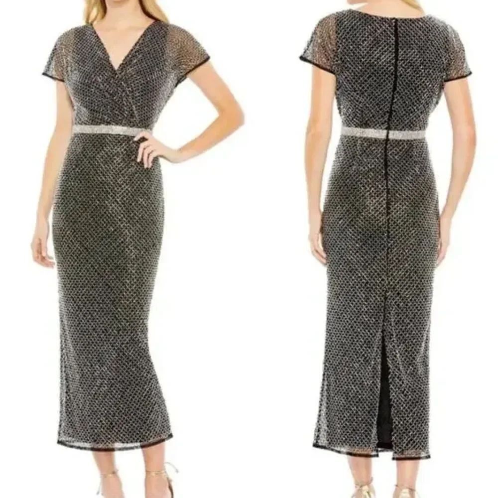 NWTs Mac Duggal Fully Beaded Wrap V-Neck Cap Sleeve Midi Dress Black Size 14